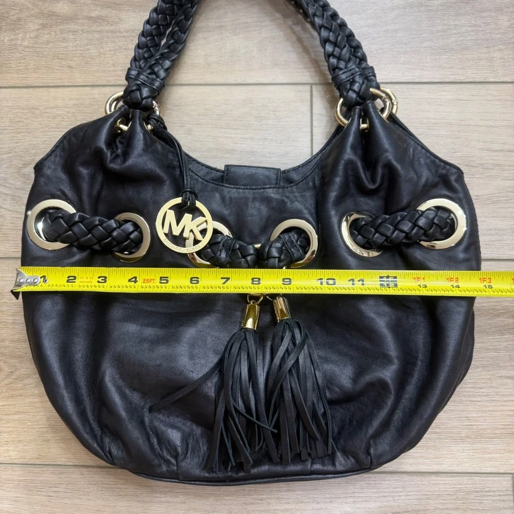 Michael Kors Black Leather Braided Hobo Shoulder Bag Gold Hardware Tassel Large